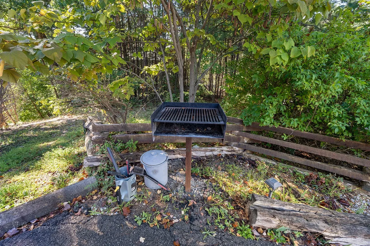 A classic charcoal grill sits on a patch of greenery, framed by a rustic wooden fence under a canopy of trees. The setting is casual and inviting—ideal for barbecues, picnics, and family gatherings in the fresh mountain air.