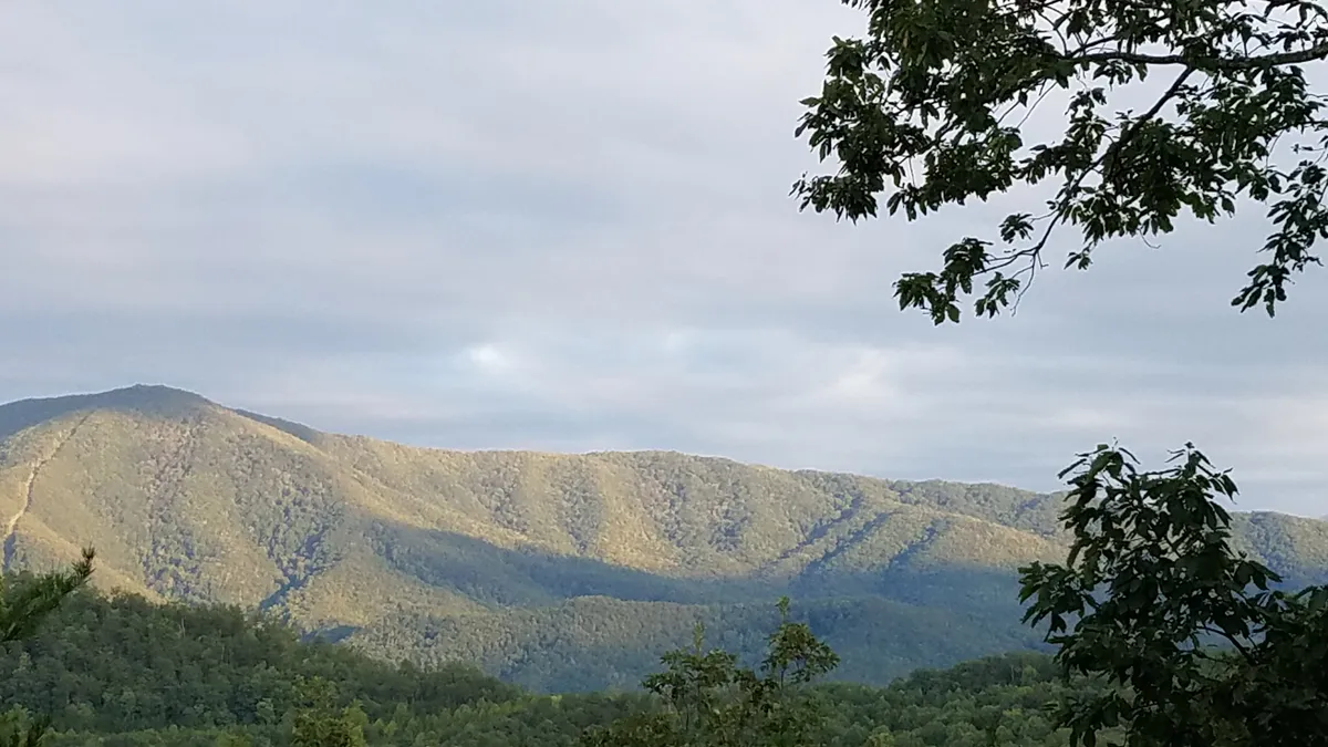 A sweeping view of a mountain range with a cloudy sky and forested foreground, capturing the vastness and natural beauty of the Smoky Mountains. The tranquil mood suggests a place for hiking, bird watching, and immersing oneself in nature.