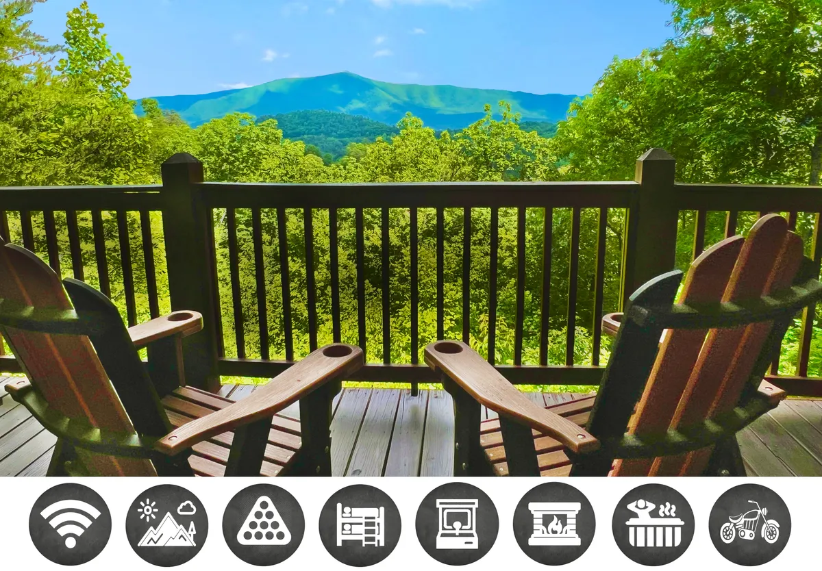 The image showcases a spacious wooden deck with cozy chairs overlooking sweeping mountain vistas and lush green valleys. The scene radiates tranquility, inviting guests to relax, enjoy nature, and take in the spectacular sunrise or sunset views right from the cabin's private outdoor space.